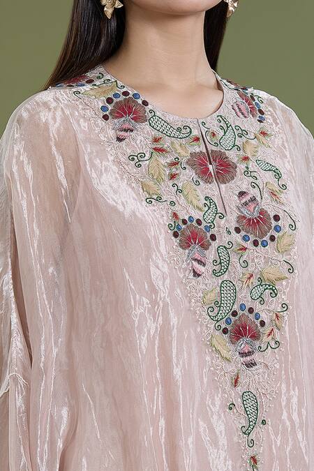 Shop_Divya Sheth_Pink Embroidery Dori Round Paisley Kaftan And Pant Set _Online_at_Aza_Fashions