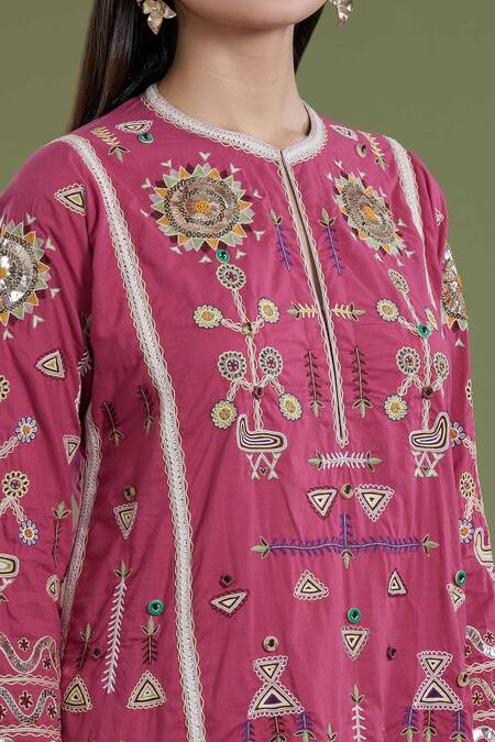 Shop_Divya Sheth_Red Cotton Cut Work, Embroidery Round Neck Geometric Tribal Kurta And Pant Set _Online_at_Aza_Fashions