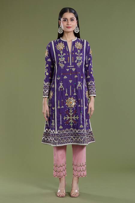 Divya Sheth_Purple Cotton Embroidery Round Neck Geometric Tribal Kurta Set _Online_at_Aza_Fashions