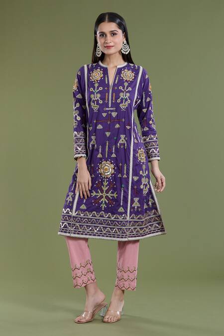 Buy_Divya Sheth_Purple Cotton Embroidery Round Neck Geometric Tribal Kurta Set _Online_at_Aza_Fashions