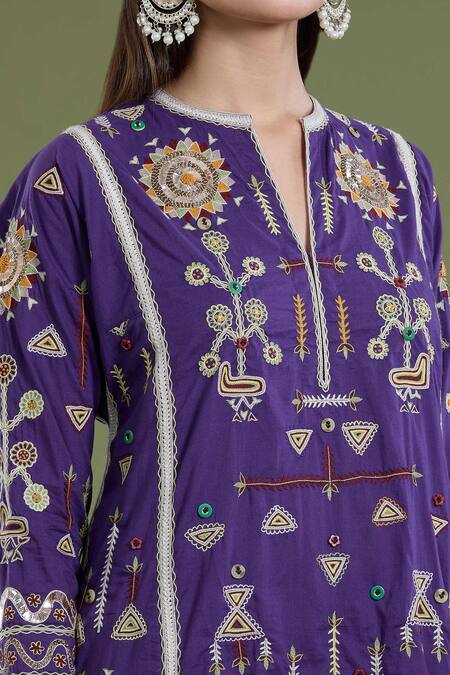 Shop_Divya Sheth_Purple Cotton Embroidery Round Neck Geometric Tribal Kurta Set _Online_at_Aza_Fashions