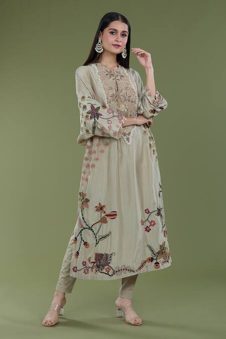 Divya Sheth_Green Embroidery Dori Round Floral Kaftan And Pant Set _Online_at_Aza_Fashions