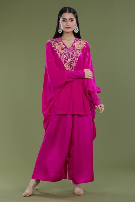 Divya Sheth Floral Neckline Embroidered Kaftan & Pant Set 