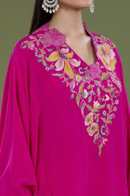 Shop_Divya Sheth_Pink Embroidery Dori Round Floral Neckline Kaftan And Pant Set _Online_at_Aza_Fashions