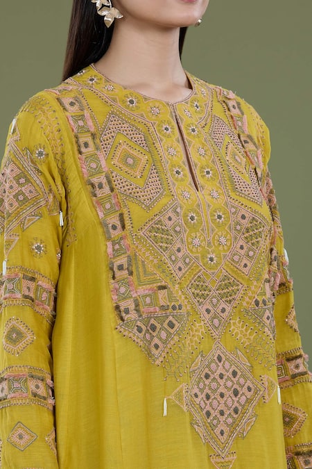 Shop_Divya Sheth_Yellow Chanderi Embroidery Round Neck Kurta And Pant Set _Online_at_Aza_Fashions