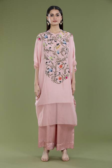 Divya Sheth_Peach Embroidery Dori Round Zardozi Work Kaftan And Pant Set _Online_at_Aza_Fashions