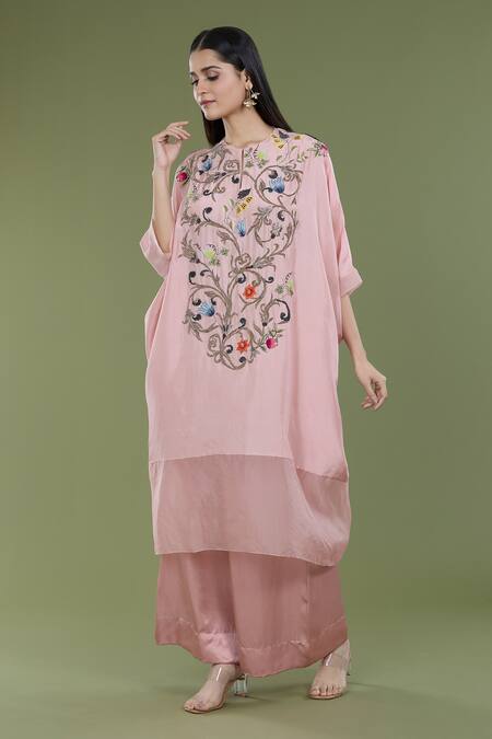Shop_Divya Sheth_Peach Embroidery Dori Round Zardozi Work Kaftan And Pant Set _Online_at_Aza_Fashions