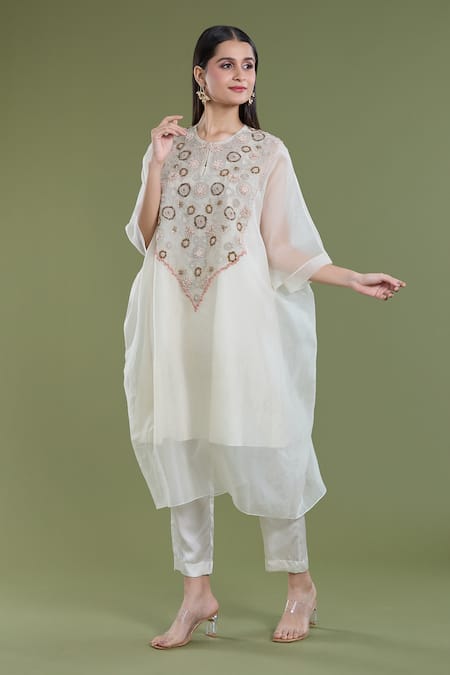 Buy_Divya Sheth_Off White Organza Embroidery Bead Geometric Kaftan Kurta And Pant Set  _Online_at_Aza_Fashions