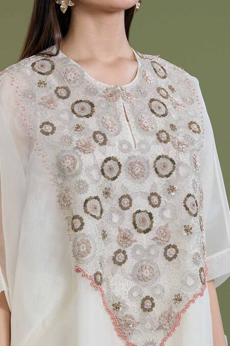 Shop_Divya Sheth_Off White Organza Embroidery Bead Geometric Kaftan Kurta And Pant Set  _Online_at_Aza_Fashions