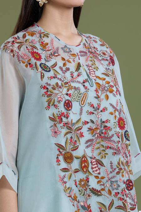 Buy_Divya Sheth_Blue Organza Embroidery Sequin Round Dori Kaftan Kurta And Pant Set  _Online_at_Aza_Fashions