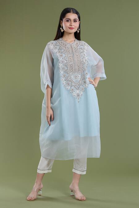 Divya Sheth_Blue Organza Embroidery Sequin Round Bead Kaftan Kurta And Pant Set  _Online_at_Aza_Fashions