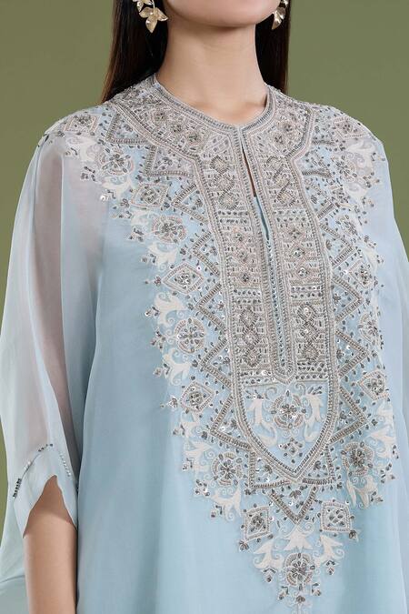 Buy_Divya Sheth_Blue Organza Embroidery Sequin Round Bead Kaftan Kurta And Pant Set  _Online_at_Aza_Fashions