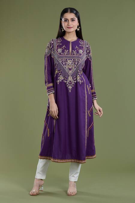 Divya Sheth_Purple Cotton Zari, Sequins Round Neck Matka Thread Embroidered Kurta And Pant Set _Online_at_Aza_Fashions