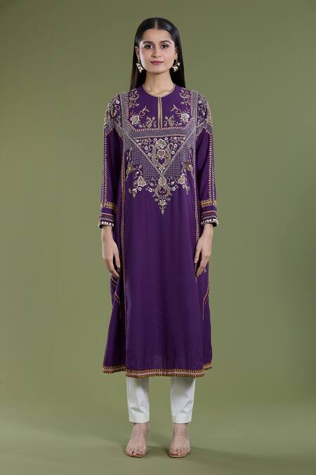 Buy_Divya Sheth_Purple Cotton Zari, Sequins Round Neck Matka Thread Embroidered Kurta And Pant Set _Online_at_Aza_Fashions