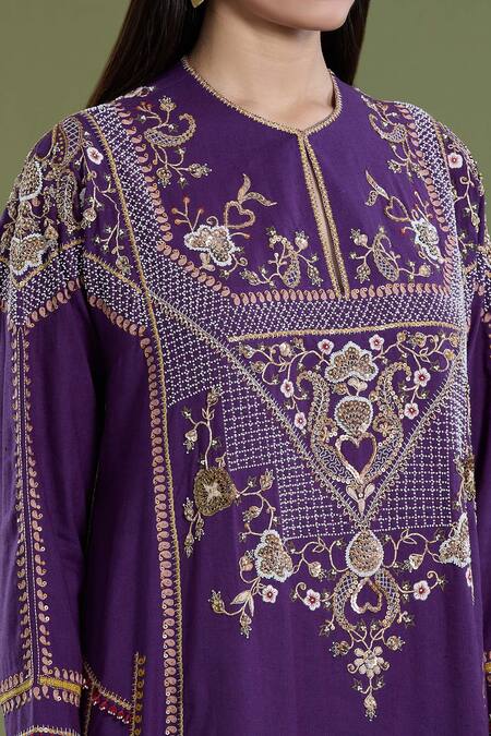 Shop_Divya Sheth_Purple Cotton Zari, Sequins Round Neck Matka Thread Embroidered Kurta And Pant Set _Online_at_Aza_Fashions