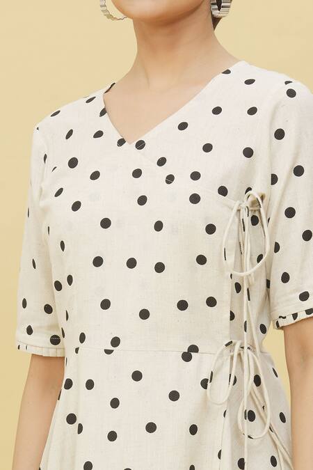 Samyukta Singhania_Ivory Cotton V-neck Polka Dot Print Anarkali Dress_at_Aza_Fashions