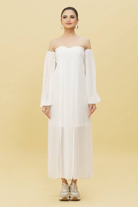 Naintara Bajaj_White Georgette Sweetheart Neck Flared Off Shoulder Dress _at_Aza_Fashions