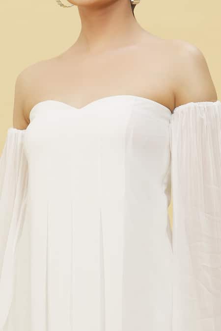 Shop_Naintara Bajaj_White Georgette Sweetheart Neck Flared Off Shoulder Dress _Online_at_Aza_Fashions