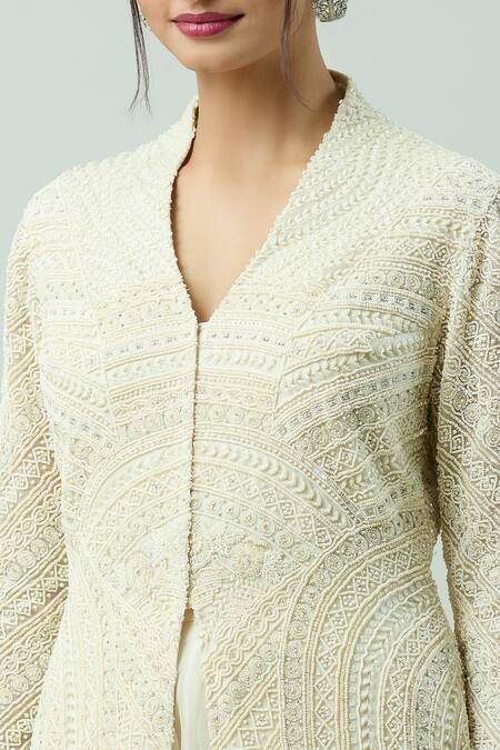 COUTURE BY NIHARIKA_Ivory Organza Pearls, Sequins V-neck Embroidered Kurta And Sharara Set _Online_at_Aza_Fashions