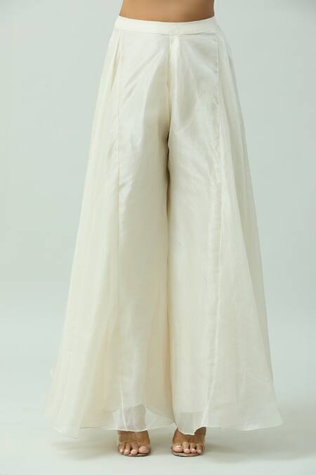 Buy_COUTURE BY NIHARIKA_Ivory Organza Pearls, Sequins V-neck Embroidered Kurta And Sharara Set _Online_at_Aza_Fashions