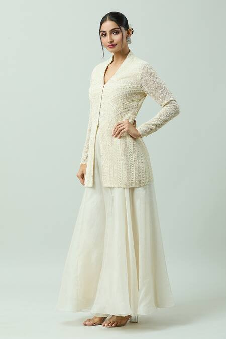Shop_COUTURE BY NIHARIKA_Ivory Organza Pearls, Sequins V-neck Embroidered Kurta And Sharara Set _Online_at_Aza_Fashions