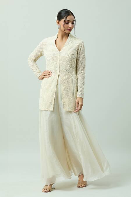 COUTURE BY NIHARIKA_Ivory Organza Pearls, Sequins V-neck Embroidered Kurta And Sharara Set _at_Aza_Fashions