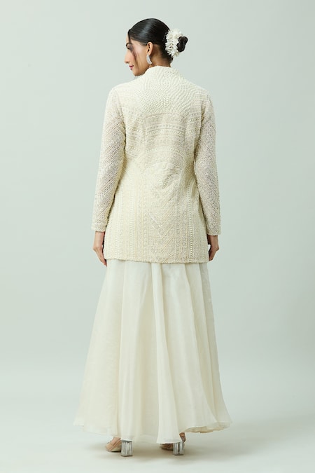 Shop_COUTURE BY NIHARIKA_Ivory Organza Pearls, Sequins V-neck Embroidered Kurta And Sharara Set _at_Aza_Fashions