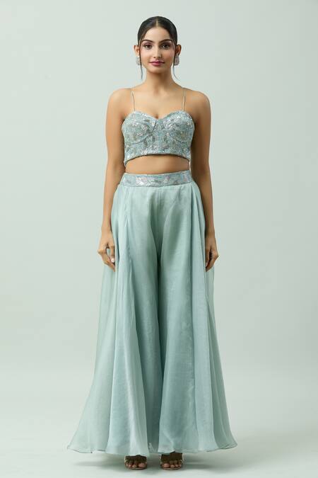 Couture By Niharika_Blue Organza Cut Work, Sequins, Tassels, Embroidery Sweetheart Cape Pant Set _Online_at_Aza_Fashions