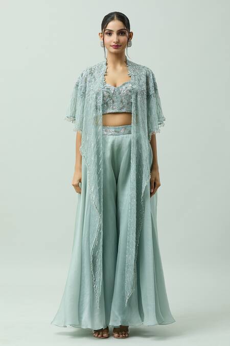 Buy_Couture By Niharika_Blue Organza Cut Work, Sequins, Tassels, Embroidery Sweetheart Cape Pant Set _Online_at_Aza_Fashions