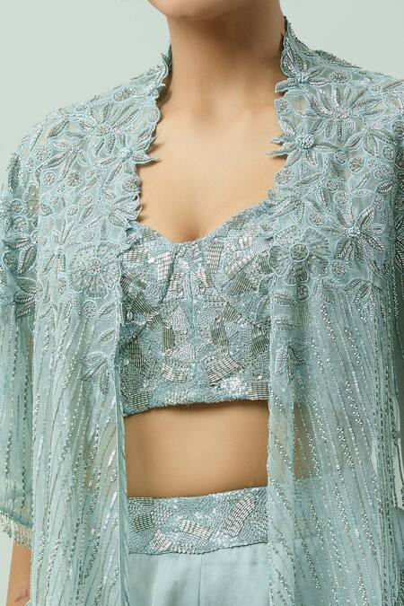 Shop_Couture By Niharika_Blue Organza Cut Work, Sequins, Tassels, Embroidery Sweetheart Cape Pant Set _Online_at_Aza_Fashions