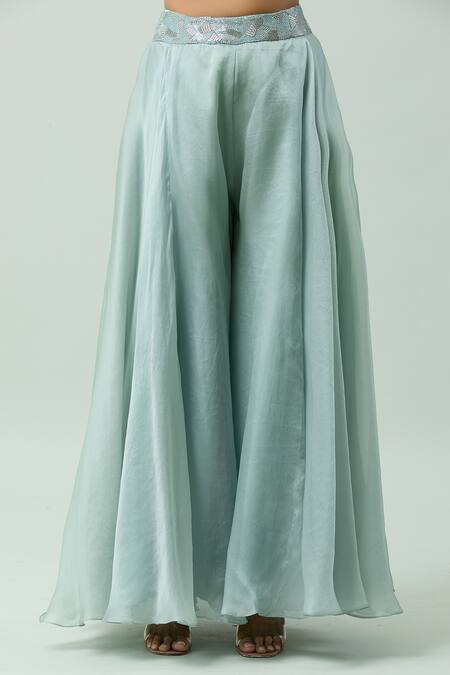 Couture By Niharika_Blue Organza Cut Work, Sequins, Tassels, Embroidery Sweetheart Cape Pant Set _at_Aza_Fashions