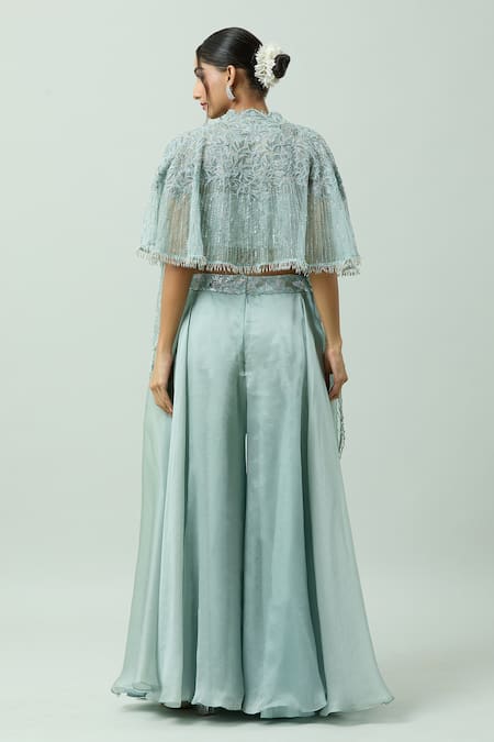 Shop_Couture By Niharika_Blue Organza Cut Work, Sequins, Tassels, Embroidery Sweetheart Cape Pant Set _at_Aza_Fashions