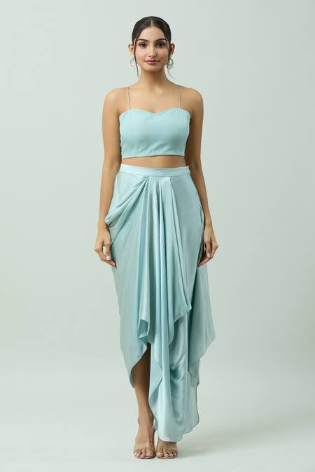 COUTURE BY NIHARIKA_Blue Satin, Organza Pearls Round Neck Embroidered Cape Draped Skirt Set _Online_at_Aza_Fashions