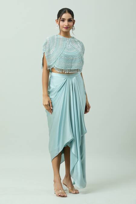 Shop_COUTURE BY NIHARIKA_Blue Satin, Organza Pearls Round Neck Embroidered Cape Draped Skirt Set _Online_at_Aza_Fashions