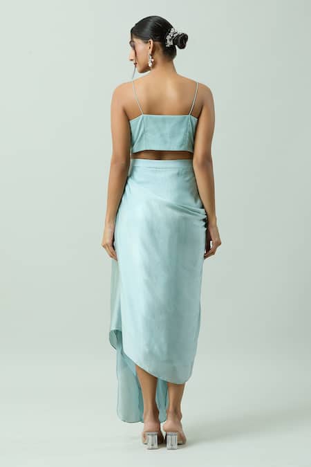 Shop_COUTURE BY NIHARIKA_Blue Satin, Organza Pearls Round Neck Embroidered Cape Draped Skirt Set _at_Aza_Fashions