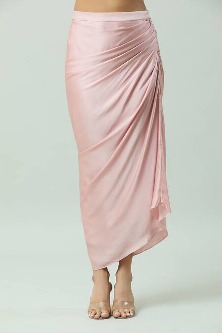 COUTURE BY NIHARIKA_Peach Satin Sequins, Pearls Round Neck And Embroidered Cape Draped Skirt Set _Online_at_Aza_Fashions