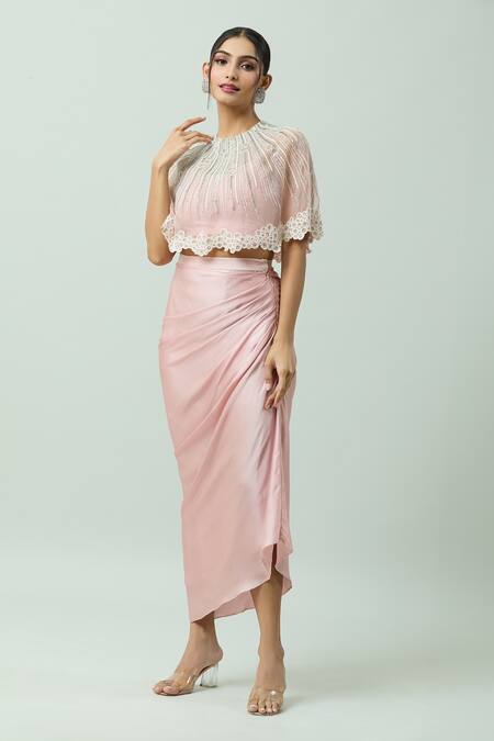 Buy_COUTURE BY NIHARIKA_Peach Satin Sequins, Pearls Round Neck And Embroidered Cape Draped Skirt Set _Online_at_Aza_Fashions