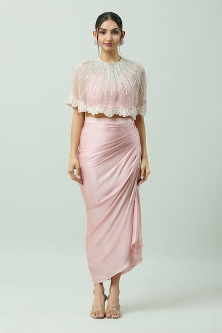 Shop_COUTURE BY NIHARIKA_Peach Satin Sequins, Pearls Round Neck And Embroidered Cape Draped Skirt Set _Online_at_Aza_Fashions