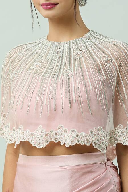 COUTURE BY NIHARIKA_Peach Satin Sequins, Pearls Round Neck And Embroidered Cape Draped Skirt Set _at_Aza_Fashions
