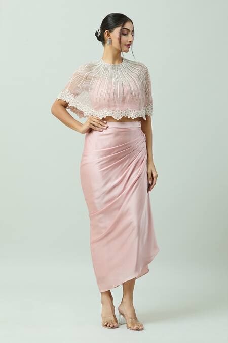 Buy_COUTURE BY NIHARIKA_Peach Satin Sequins, Pearls Round Neck And Embroidered Cape Draped Skirt Set 