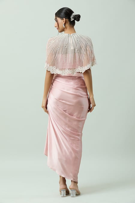 Shop_COUTURE BY NIHARIKA_Peach Satin Sequins, Pearls Round Neck And Embroidered Cape Draped Skirt Set _at_Aza_Fashions