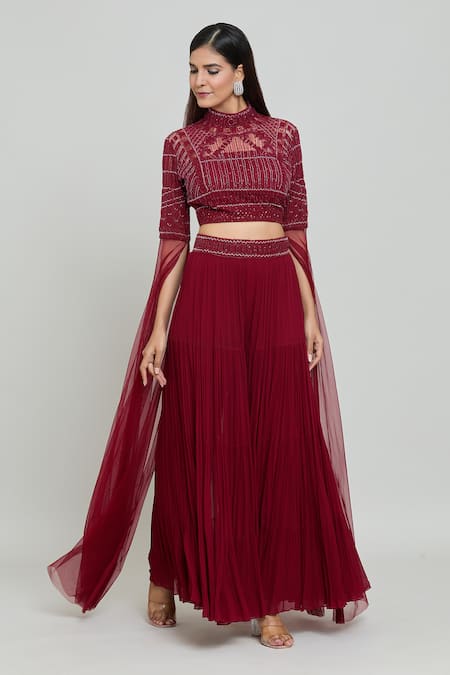 COUTURE BY NIHARIKA Red Viscose Embroidered Sequin High Round Blouse And Pleated Sharara Set 
