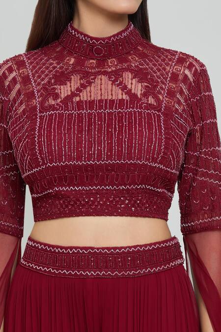 COUTURE BY NIHARIKA Red Net, Viscose Sequins, Beads High Embroidered Blouse And Pleated Sharara Set Online at Aza Fashions COUTURE BY NIHARIKA_Red Net, Viscose Sequins, Beads High Embroidered Blouse And Pleated Sharara Set _Online_at_Aza_Fashions
