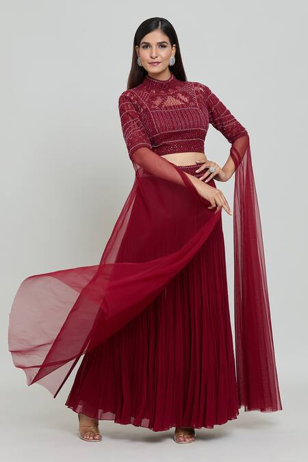 Shop COUTURE BY NIHARIKA Red Net, Viscose Sequins, Beads High Embroidered Blouse And Pleated Sharara Set Online at Aza Fashions Shop_COUTURE BY NIHARIKA_Red Net, Viscose Sequins, Beads High Embroidered Blouse And Pleated Sharara Set _Online_at_Aza_Fashions