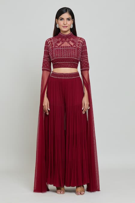 COUTURE BY NIHARIKA Red Net, Viscose Sequins, Beads High Embroidered Blouse And Pleated Sharara Set at Aza Fashions COUTURE BY NIHARIKA_Red Net, Viscose Sequins, Beads High Embroidered Blouse And Pleated Sharara Set _at_Aza_Fashions
