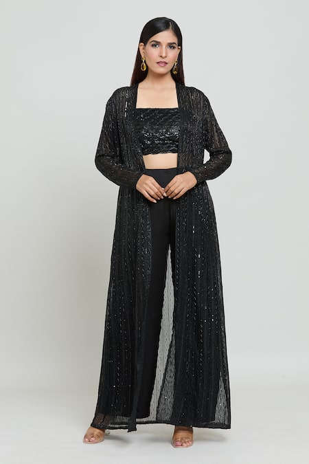 COUTURE BY NIHARIKA Black Organza Embroidered Sequin Straight Jacket Pant Set 