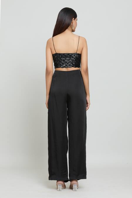 COUTURE BY NIHARIKA_Black Organza, Viscose Sequins, Cut Work Open Neck, Embroidered Jacket Pant Set _at_Aza_Fashions