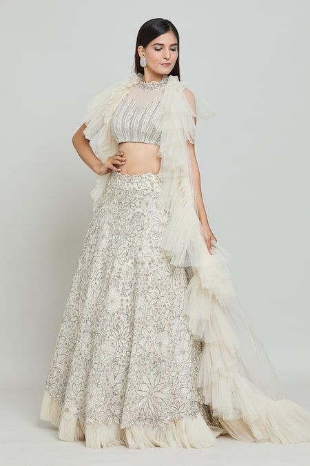 COUTURE BY NIHARIKA_Ivory Organza, Net Beads, Cut Work Round Neck Floral Embroidered Lehenga Set _Online_at_Aza_Fashions
