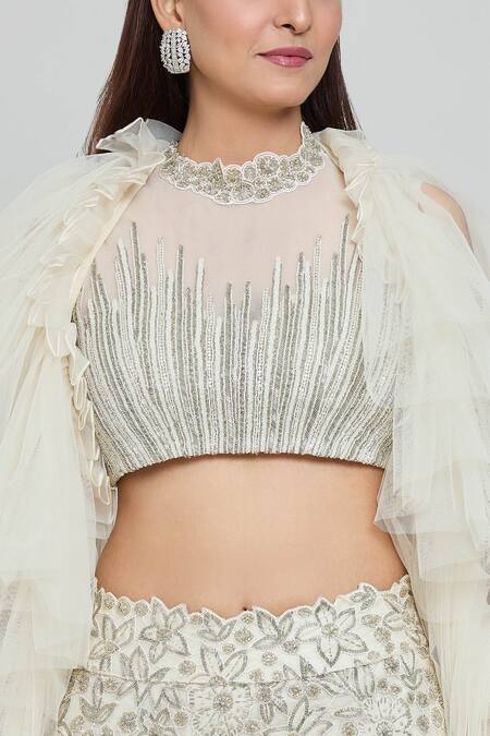 Buy_COUTURE BY NIHARIKA_Ivory Organza, Net Beads, Cut Work Round Neck Floral Embroidered Lehenga Set _Online_at_Aza_Fashions