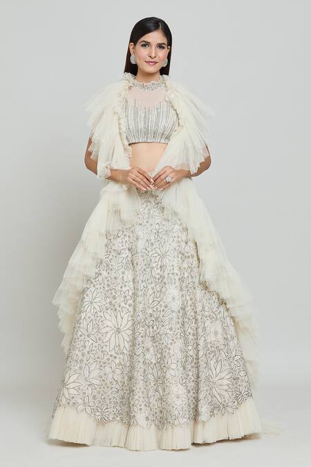 Shop_COUTURE BY NIHARIKA_Ivory Organza, Net Beads, Cut Work Round Neck Floral Embroidered Lehenga Set _Online_at_Aza_Fashions